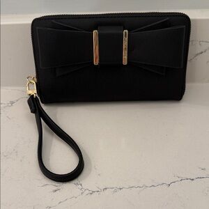 Betsey Johnson Black Bow Wristlet Clutch with Gold Accents